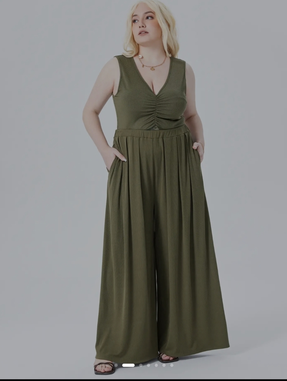Cider Olive Ribbed Elastic Waist Wide Leg Pants - Olive